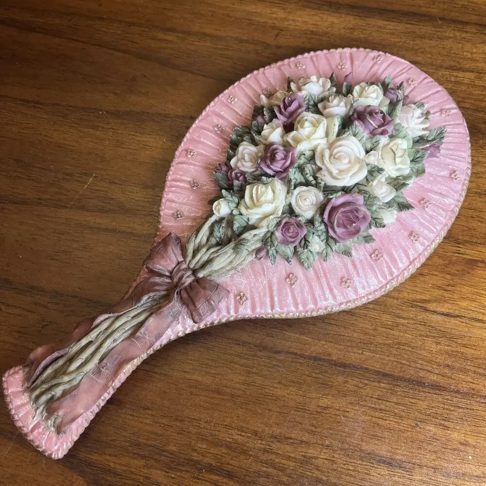 Ornate Pink Floral Handheld Vanity Mirror W/ Roses & Bow, Cottage Glam Whimsy